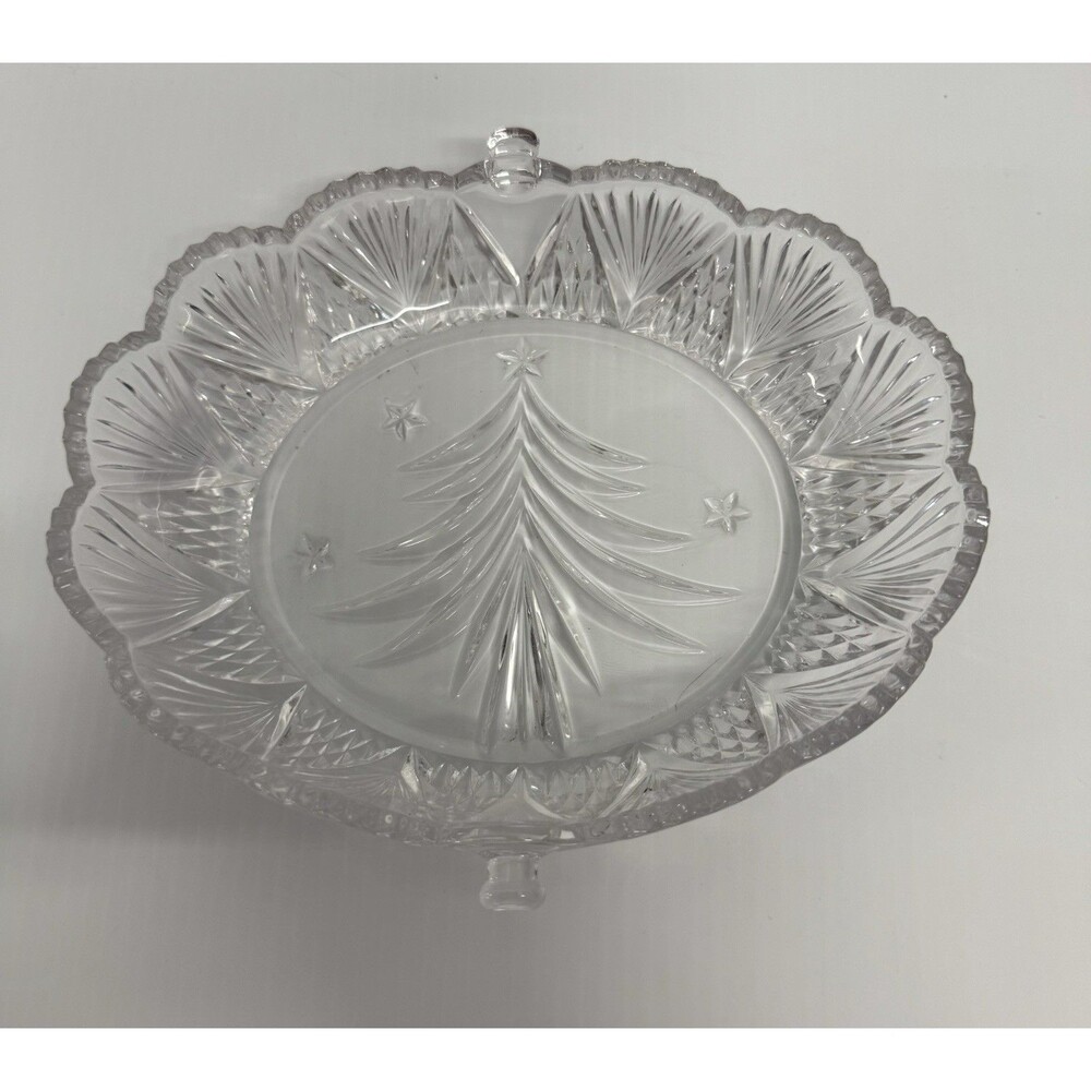 Clear Christmas Glass Basket Missing PlasticHandle 7 1/2" L x 6 1/2" W x 2" Deep